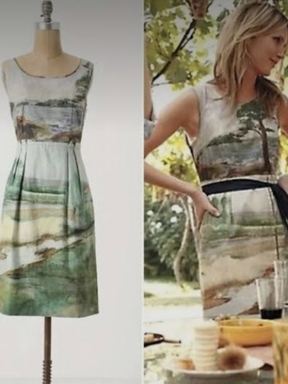 Odille Scenic Watercolor Sleeveless Dress in Green and Tan